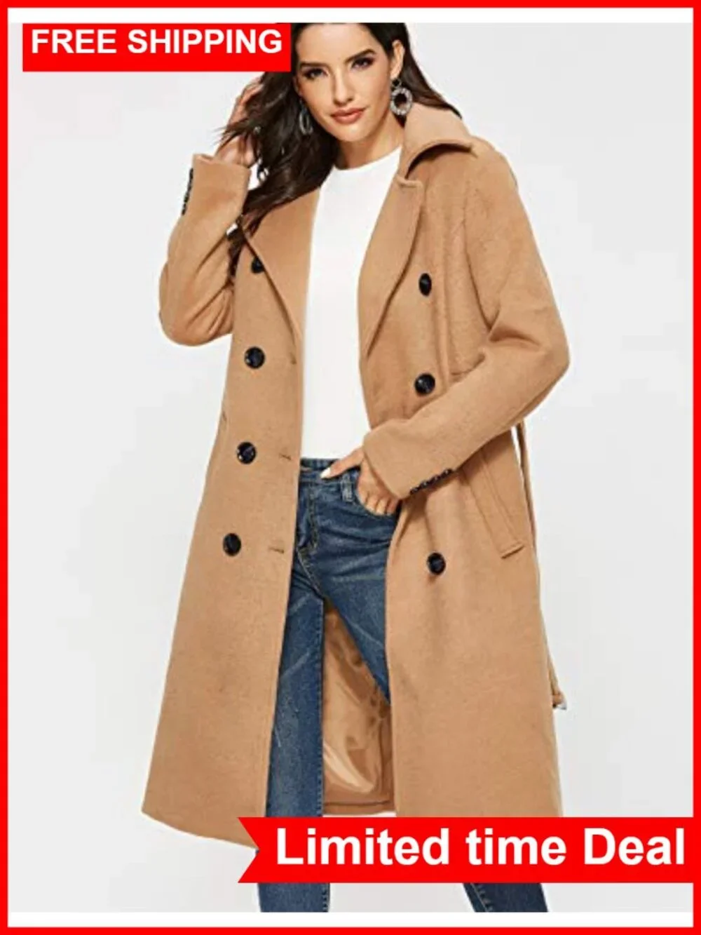 Wool Trench Coat Double Breasted Pea Coat Long Winter Coat with Belt
